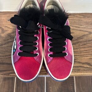 Marc Jacobs Pink Magenta Fur-Trim Lace-Up Sneakers